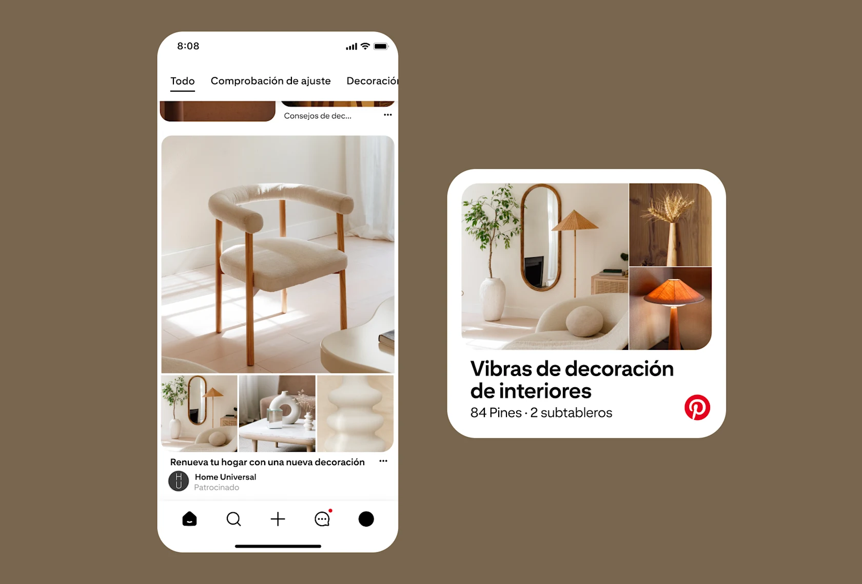 Interfaz de usuario de Pinterest con una simulación de anuncio y de tablero de decoración del hogar con el título “Vibras de decoración de interiores”