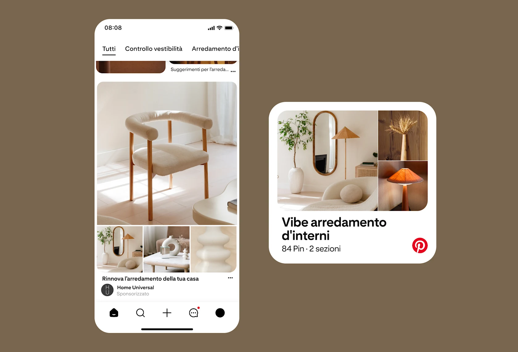 Interfaccia utente di Pinterest con simulazione di un annuncio e una bacheca sull'arredamento d'interni "Vibe arredamento d'interni"