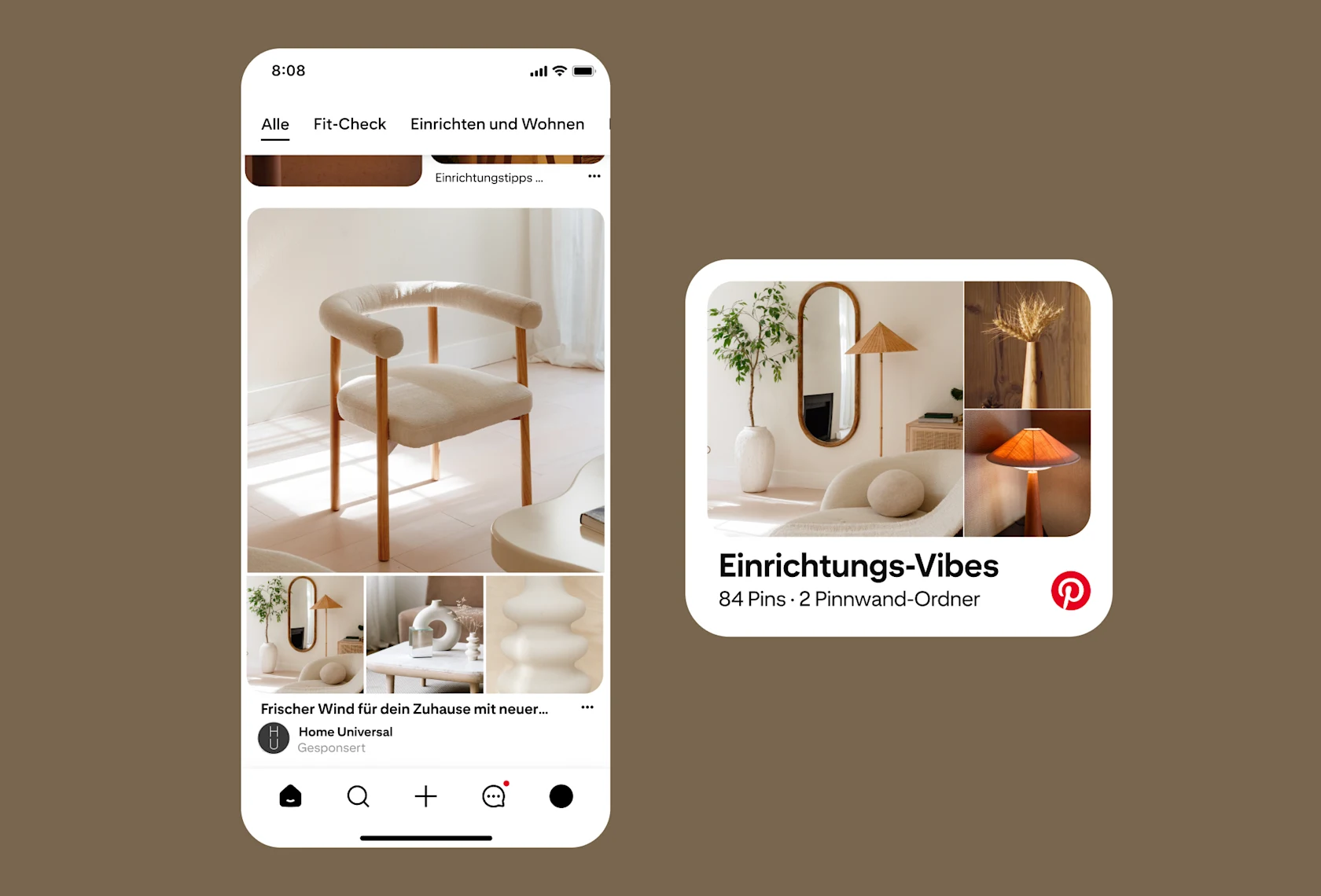 Pinterest-UI mit einer Mockup-Anzeige für „Einrichten und Wohnen“ und einer Pinnwand „Einrichtungs-Vibes“