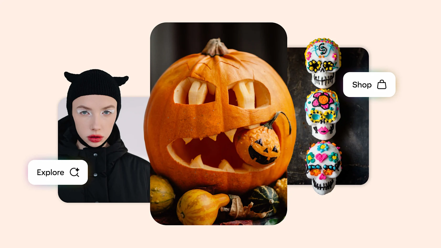 Halloween collage featuring a model in black cat-ear hat, a carved jack-o’-lantern pumpkin, and colorful sugar skull candies, with “Explore” and “Shop” buttons.