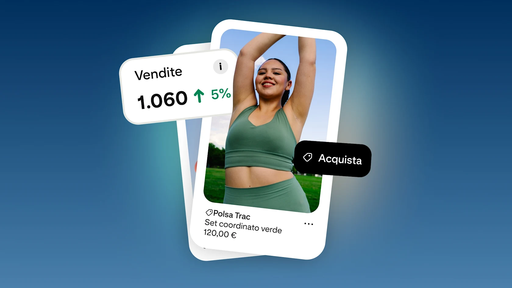 Finto Shopping Ad di Pinterest che mostra una donna con un completo sportivo verde, con il pulsante Acquista e una scheda di vendita che riporta 1.060 vendite, in crescita del 5%.