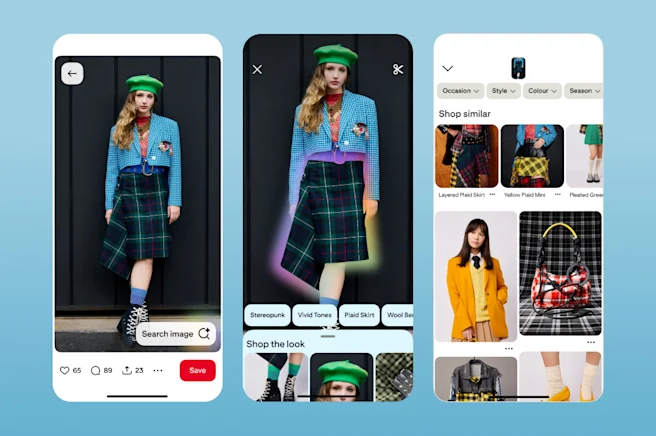 A fashion image, plus a close-up highlighting the skirt and the options that appear nearby with visual search tools (shop the look and search terms). There are also products under a 'shop similar' header and search refinement options.