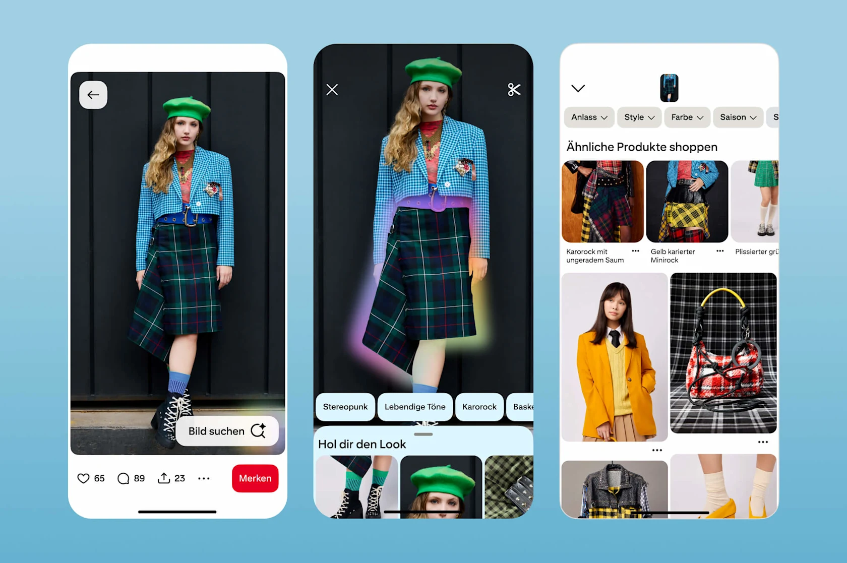 Modebild plus Close-up mit dem Rock und den Optionen, die mit der visuellen Suche angezeigt werden („Hol dir den Look“ und Suchbegriffe). Außerdem sieht man Produkte unter der Überschrift „Ähnliche Produkte shoppen“ und Optionen zur Suchoptimierung.