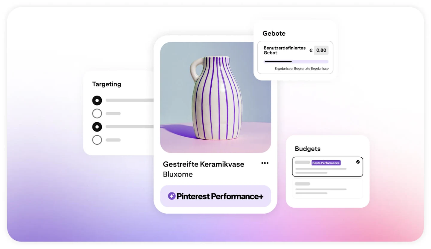 Die Funktionen von Pinterest Performance+ werden über einer Anzeige eingeblendet