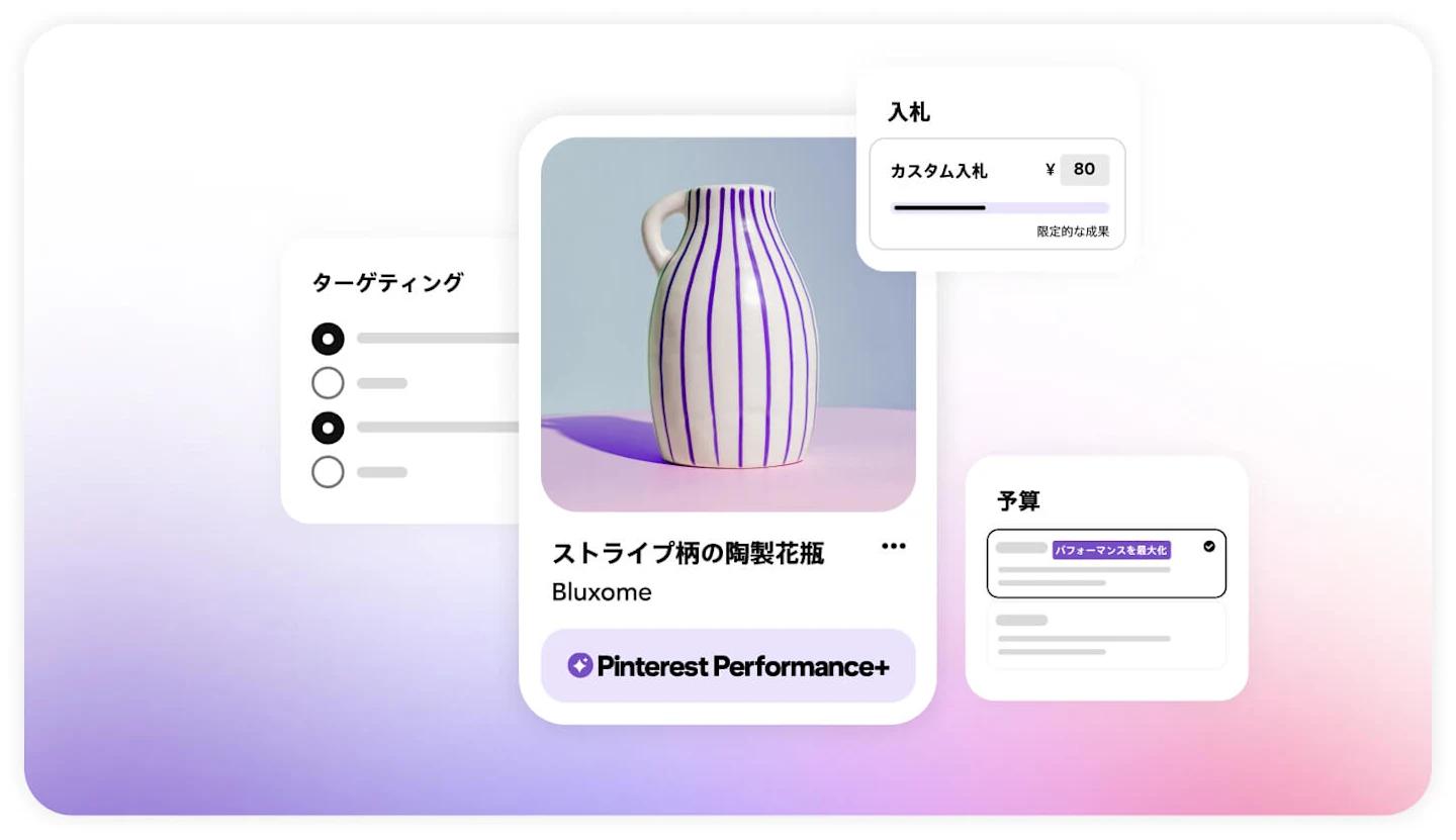 Pinterest Performance+ の機能が広告の上に表示されている