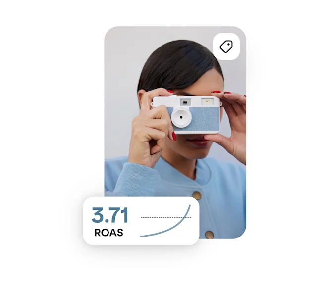青いカメラを持った人物の画像。画像の隅に「3.71 ROAS」の文字が重なって表示されている。