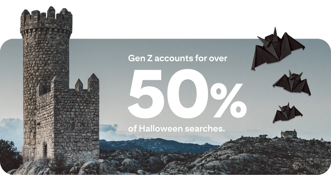 Stone castle tower with origami bats flying beside it, overlaid text reading “Gen Z accounts for over 50% of Halloween searches.”