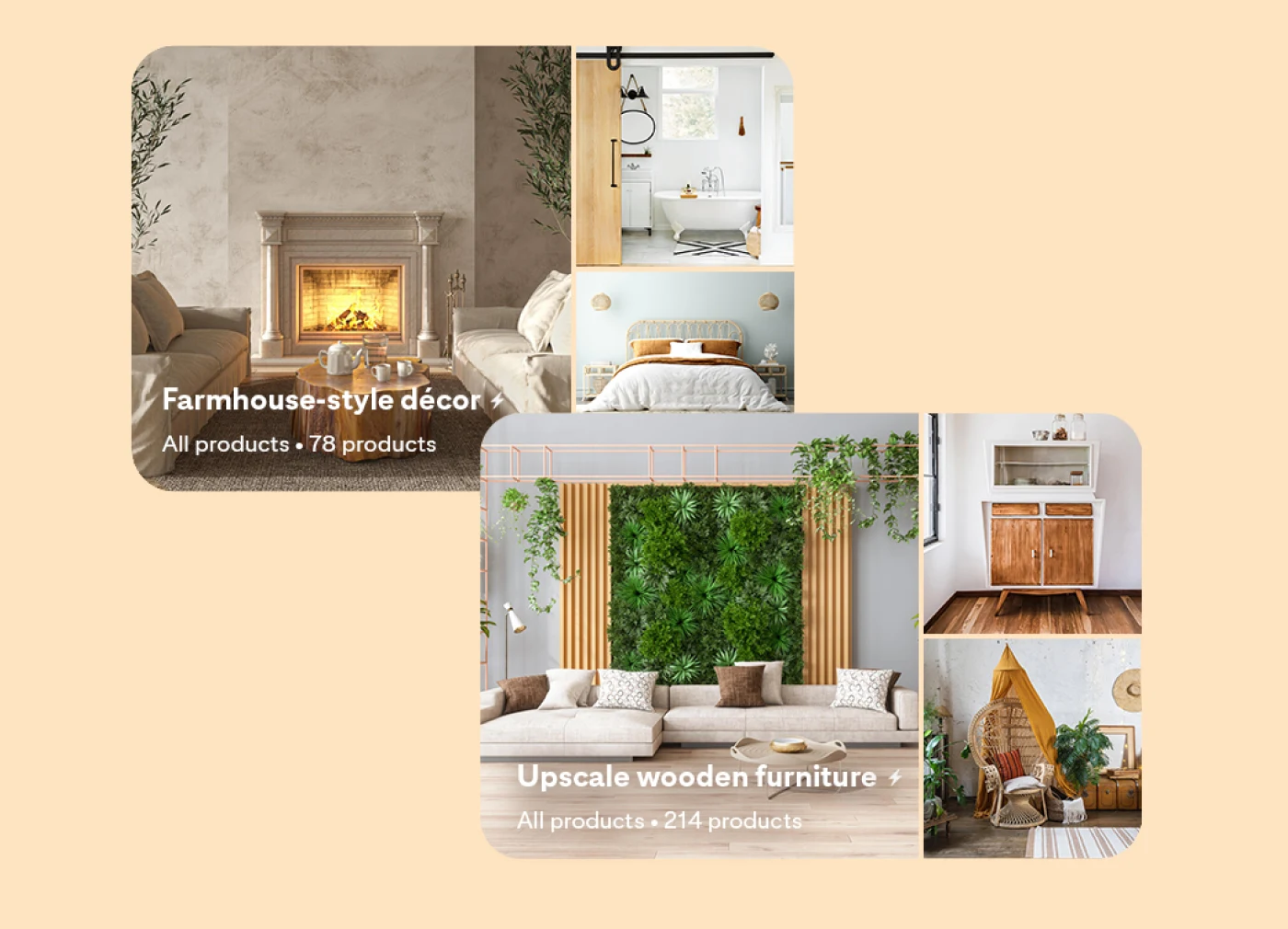 Two Pinterest boards side by side: One for farmhouse-style décor with three photos; a living room, bedroom and bathroom. The second board highlights upscale wooden furniture, including a living room, modern chest of drawers and a tasteful chair. 