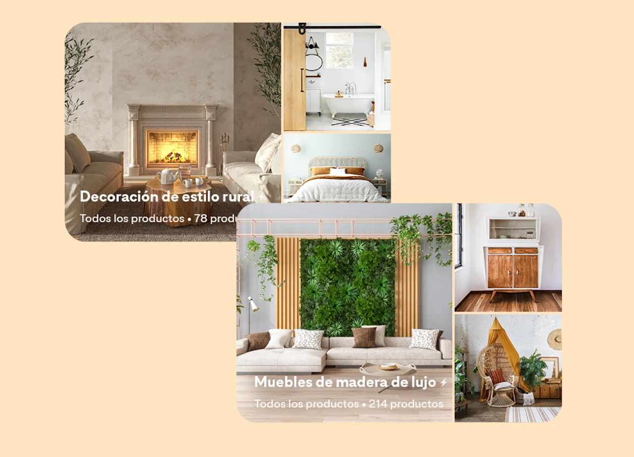 Dos tableros de Pinterest contiguos. Uno de decoración estilo granja con tres fotos: una sala de estar, una habitación y un baño. En el otro tablero, se muestran muebles de madera de lujo, una sala de estar, cajoneras modernas y una silla elegante.