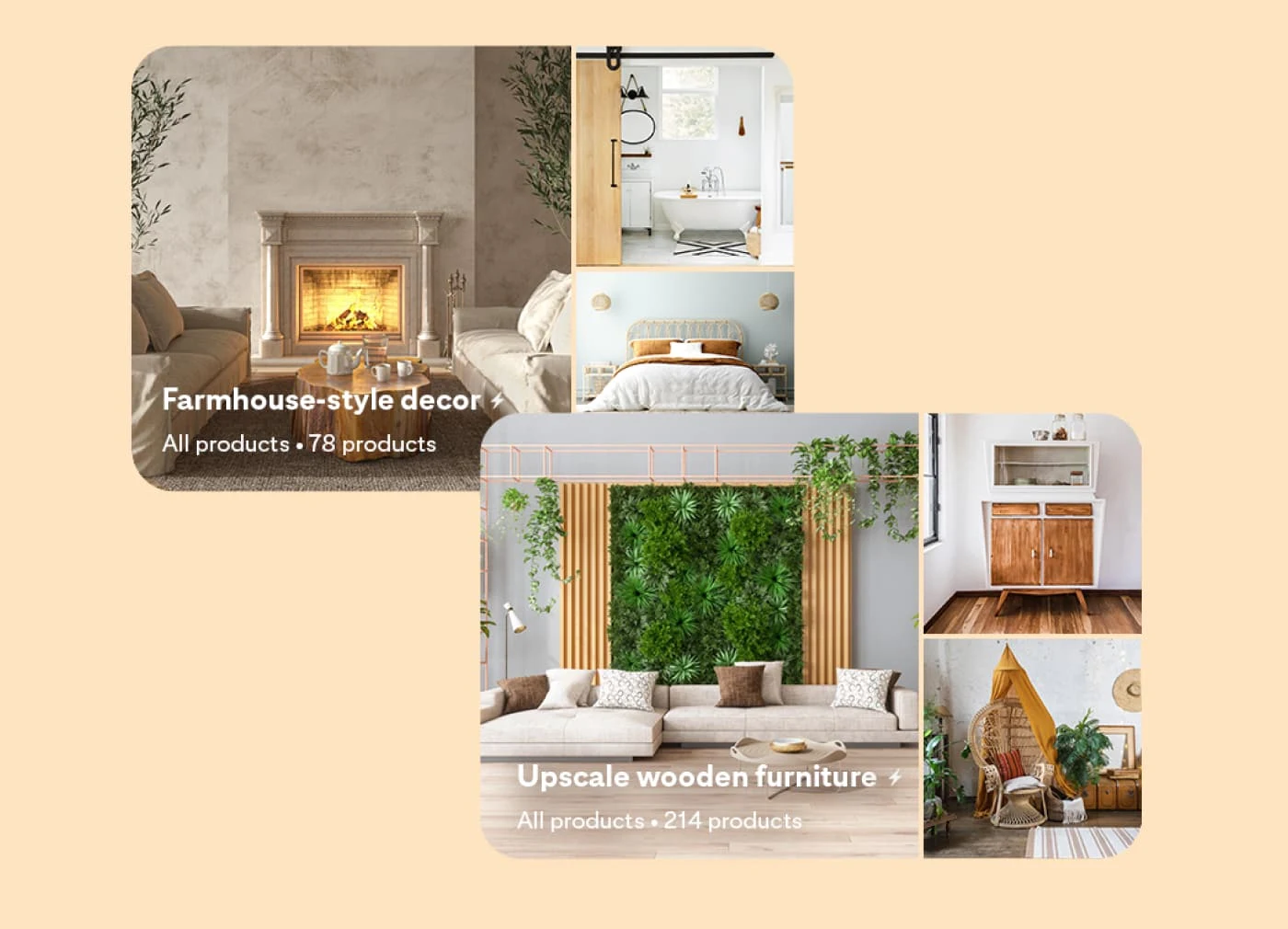 Two Pinterest boards side by side: One for farmhouse-style decor with three photos; a living room, bedroom, and bathroom. The second board highlights upscale wooden furniture, including a living room, modern chest of drawers, and a tasteful chair. 