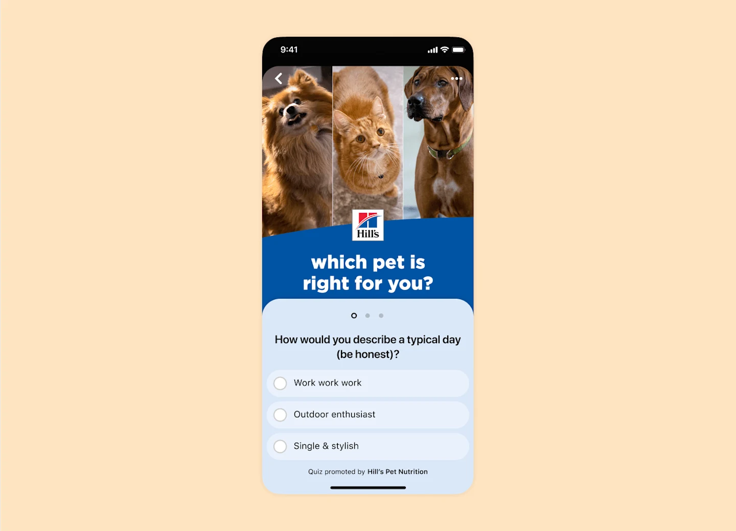 Mobile screen view of a Pinterest Quiz ad for the Hill's Nutrition pet food brand.