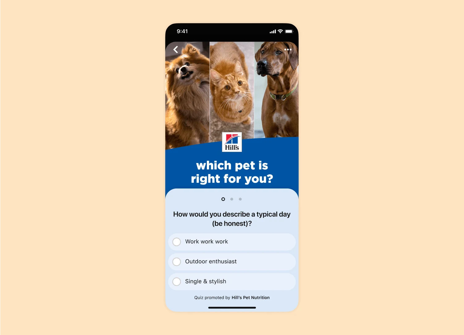 Mobile screen view of a Pinterest Quiz ad for the Hill's Nutrition pet food brand.