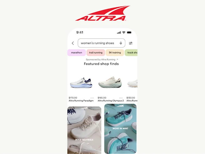 Schermo di un telefono che mostra le scarpe da corsa Altra in un annuncio Top of Search di Pinterest dopo la ricerca "scarpe da corsa da donna"