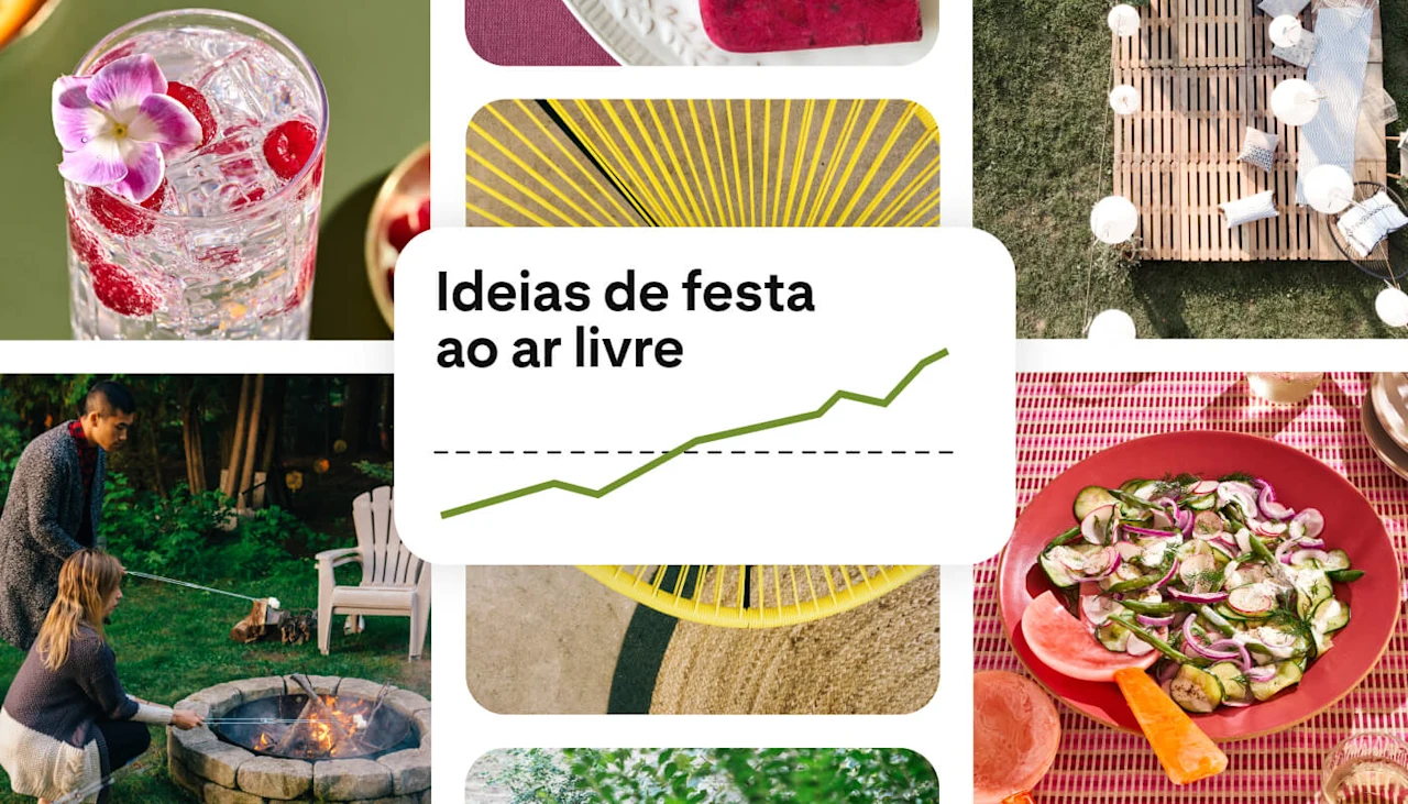 Colagem relacionadas a festas ao ar livre com um gráfico que mostra que as "Ideias para festas ao ar livre" estão em alta