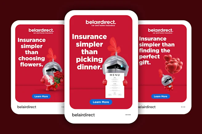 Three Belairdirect ads with copy about how insurance is simpler than choosing flowers, picking dinner, and finding the perfect gift.
