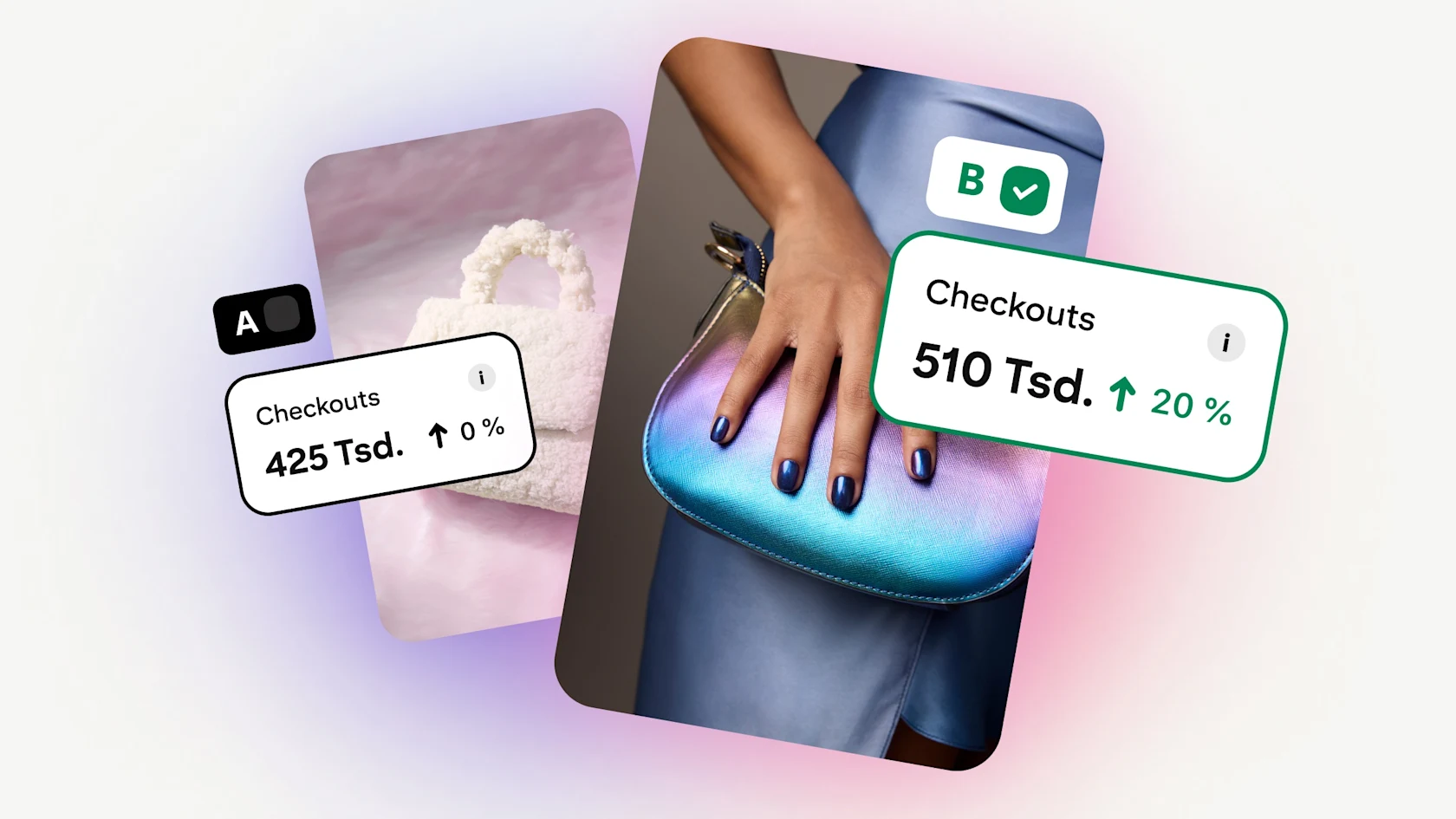 A/B-Test: Vergleich von zwei Shopping-Pins für Handtaschen. Pin A zeigt eine weiße Kunstfell-Tasche mit 425.000 Checkouts und einer Veränderung von 0 %. Pin B – der Gewinner – zeigt eine blaue Clutch mit 510.000 Checkouts und einem Anstieg um 20 %.