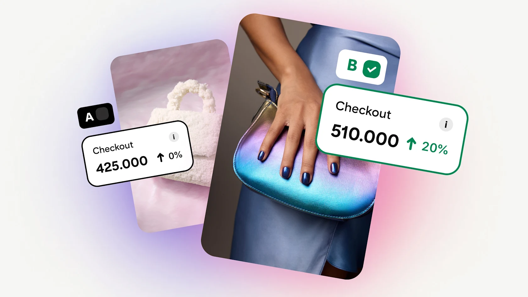 Test A/B a confronto tra due Pin per lo shopping che mostrano delle borse. Il Pin A mostra una borsa bianca con 425.000 checkout e variazione dello 0%. Il Pin B, il migliore, mostra una pochette blu iridescente con 510.000 checkout e un aumento del 20%.