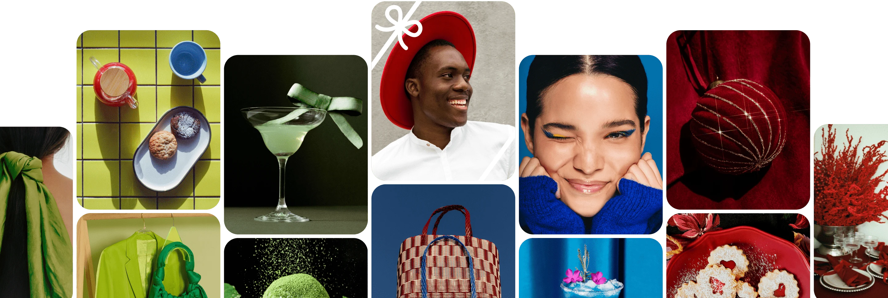 Grid of Pins related to the holiday season, including a red ornament, a man wearing a red hat and a glass of green drink topped with a decorative green bow.