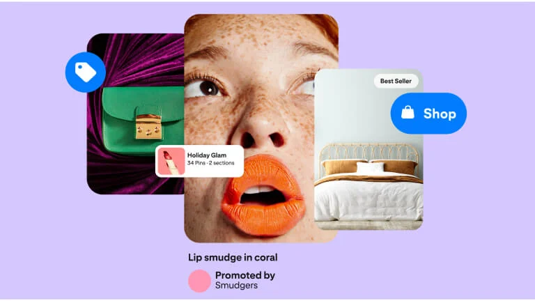  3 mock shopping ads on Pinterest featuring a green handbag, coral lipstick and neutral bedding