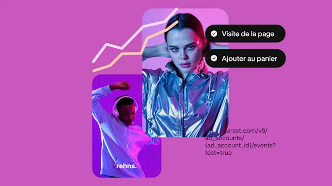 Une Épingle montrant un casque porté par un homme noir vêtu d’un sweat gris et en train de danser, et une autre montrant une veste métallique portée par une femme blanche.