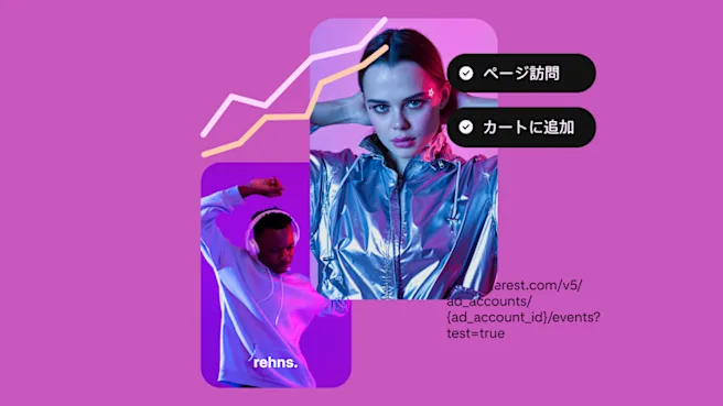 グレーのパーカーを着て踊っている黒人男性が着けているヘッドフォンを紹介するピンと、白人女性が着ているメタリックジャケットを紹介するピン。