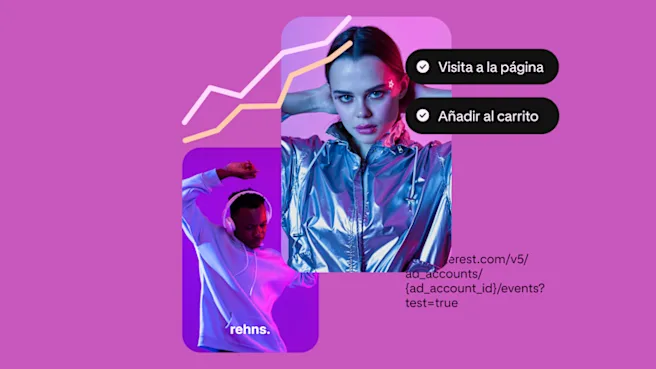 Un Pin de auriculares utilizados por un hombre negro, quien viste una sudadera gris y está bailando; y un Pin de un abrigo metálico que viste una mujer blanca.