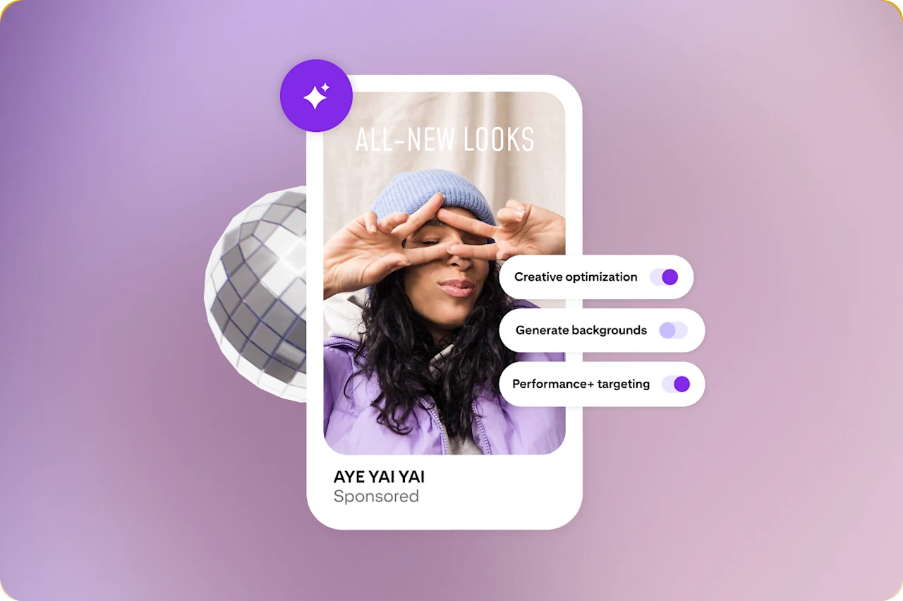 An example of a Pinterest ad shows a woman in a beanie and sweater. It’s accompanied by a purple star graphic and toggles that read, “Creative optimization,” “Generate backgrounds,” and “Performance+ targeting”.  “Generate backgrounds” is toggled off.