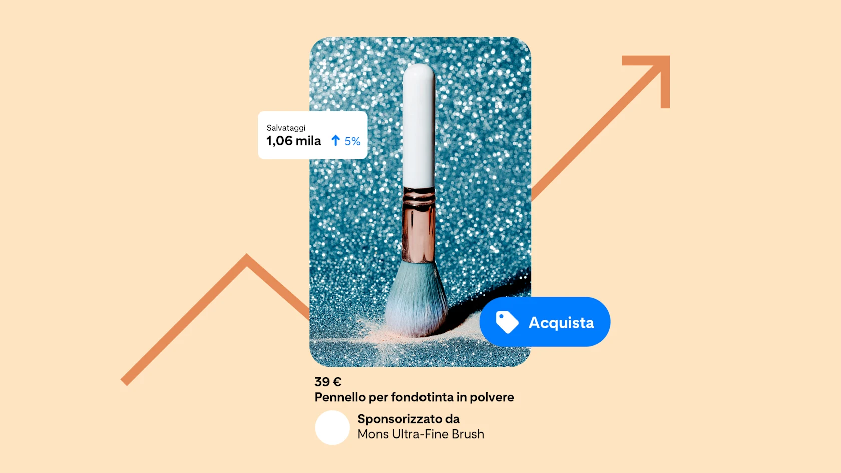 Un Pin di un pennello da trucco blu. Il Pin è su uno sfondo arancione con una freccia, posizionata dietro il Pin e simbolo di crescita. C'è il pulsante "Shop" ("Acquista") e un riquadro che indica il numero di salvataggi del Pin.