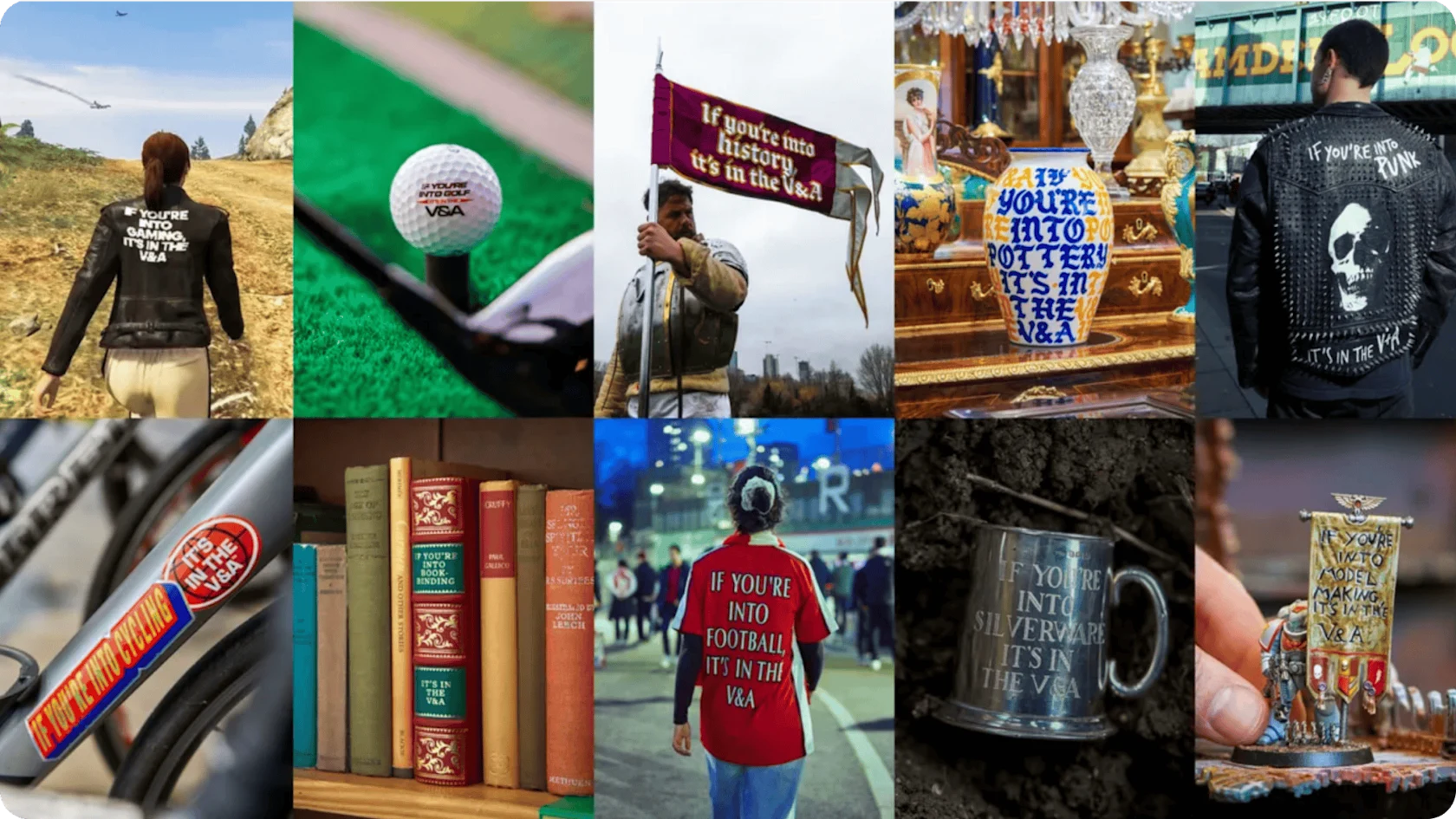 A grid of photos showing a collection of objects promotes how many different interests are represented at the V&A Museum.