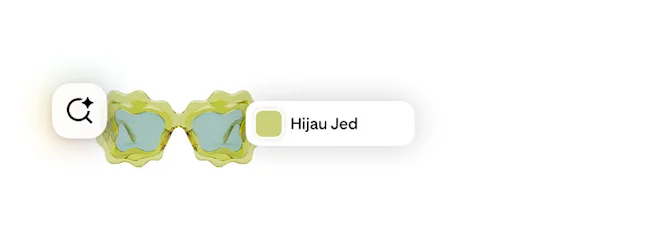 Cermin mata hitam bingkai hijau jed berombak-ombak dengan ikon carian dikuasakan AI dan sampel warna berlabel "Hijau Jed".