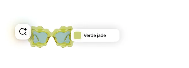 Óculos de sol com armação ondulada em verde-jade, com um ícone de pesquisa alimentado por IA e uma amostra de cor com a etiqueta "Verde-Jade".