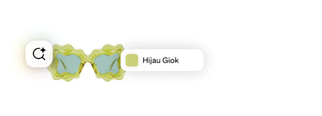 Kacamata hitam berbingkai hijau giok bergelombang dengan ikon pencarian didukung AI dan contoh warna berlabel "Hijau Giok".
