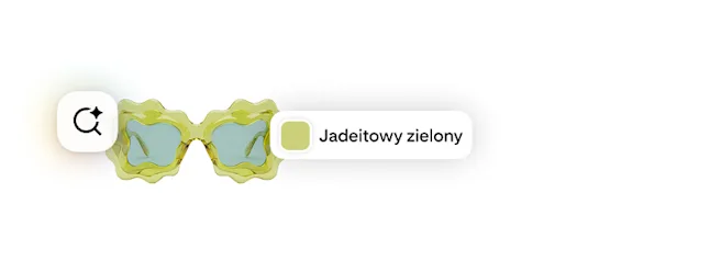 Okulary przeciwsłoneczne z falowaną oprawką w kolorze jadeitu, ikoną wyszukiwania AI i próbką koloru oznaczoną jako „jadeitowy”.