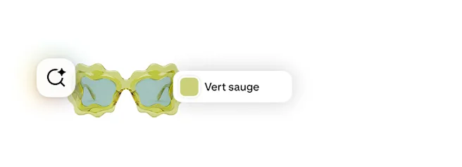Lunettes de soleil à monture ondulée vert sauge avec une icône « Recherche optimisée par l’IA » et un échantillon de couleur indiquant « Vert sauge ».