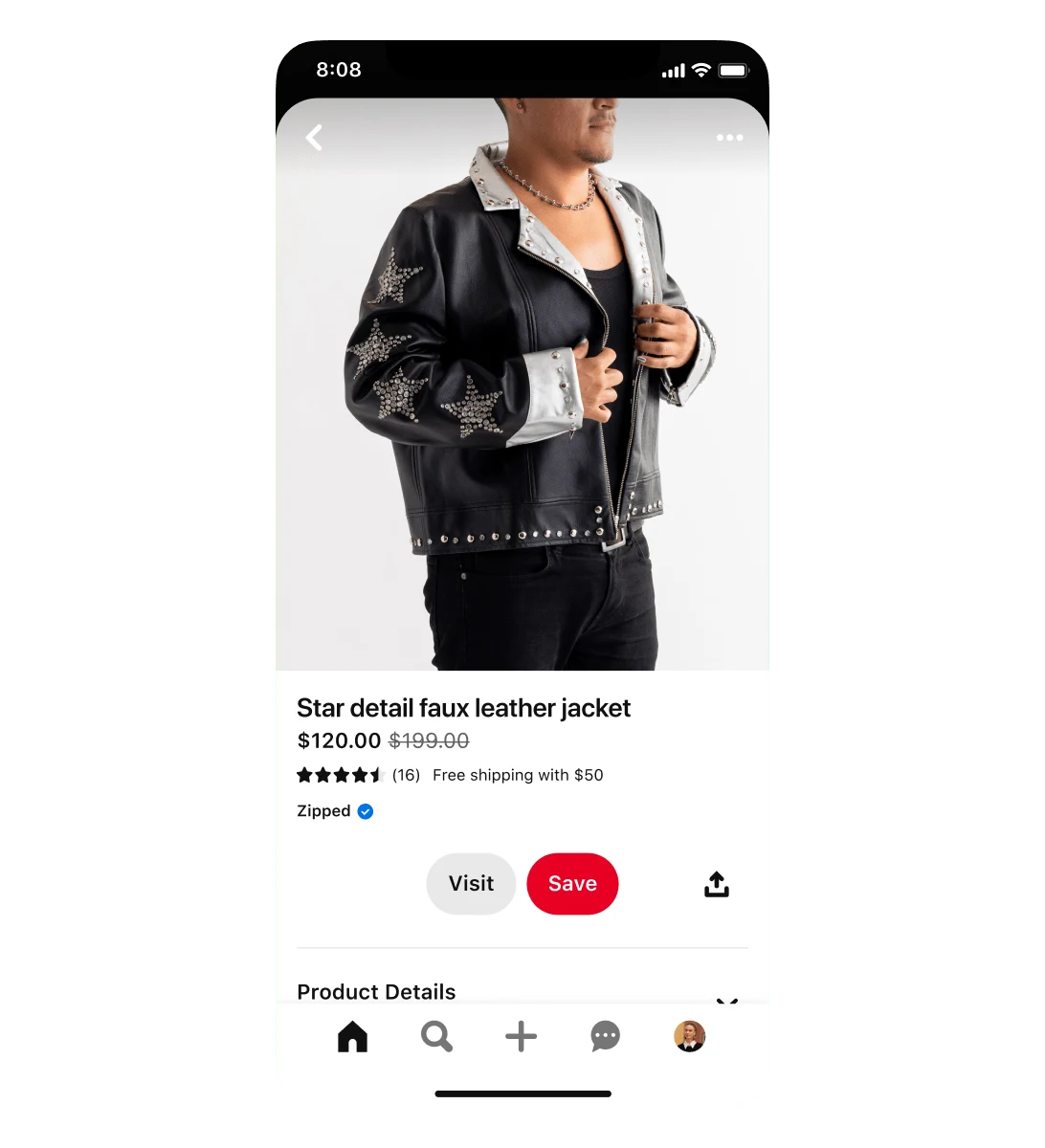 별 모양 디테일 장식이 있는 인조 가죽 재킷 쇼핑 광고의 모바일 뷰입니다. 재킷은 정가 $199에서 할인가 $120로 판매 중입니다. 재킷을 착용한 남성의 모습을 담은 광고입니다.