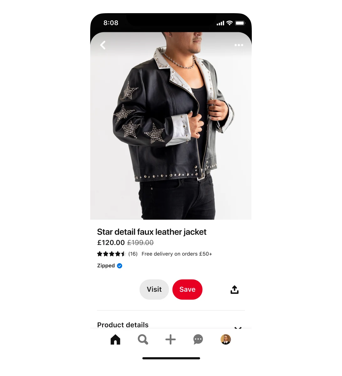 सितारों वाले डिज़ाइन के साथ नकली चमड़े की जैकेट के लिए शॉपिंग विज्ञापन का मोबाइल व्यू। जैकेट पर सेल है, इसकी कीमत $199 से घटाकर $120 की गई है। विज्ञापन में जैकेट पहने हुए एक आदमी है।
