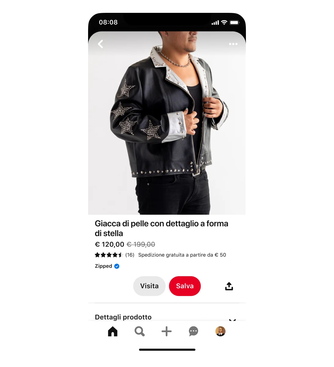 Visualizzazione su dispositivo mobile di uno Shopping Ad relativo a una giacca in ecopelle con dettagli a forma di stella. La giacca è scontata da 199 $ a 120 $. L'annuncio mostra un uomo che indossa la giacca.