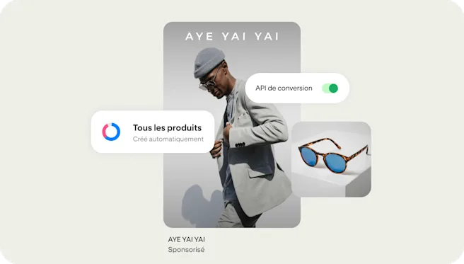 Une annonce produit alimentée par des outils comme une API montre un homme portant des lunettes de soleil d’une marque appelée Aye Yai Yai.