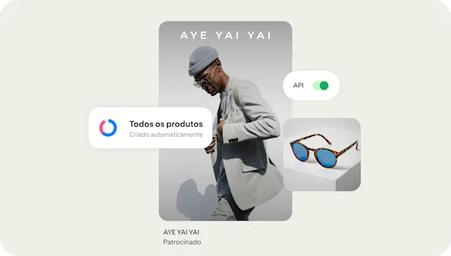 Com ferramenta de API, um item de produto mostra um homem usando óculos de sol de uma marca chamada AYE YAI YAI.