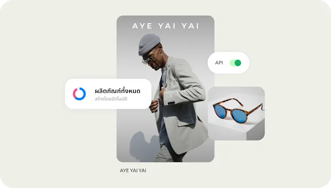รายการสินค้าที่ขับเคลื่อนด้วยเครื่องมือต่างๆ เช่น API แสดงให้เห็นชายคนหนึ่งสวมแว่นกันแดดจากแบรนด์ที่มีชื่อว่า Aye Yai Yai