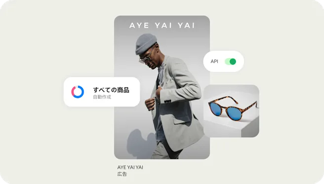 API などのツールを活用した商品のリスティングに、「AYE YAI YAI」というブランドのサングラスをかけた男性が表示されています。