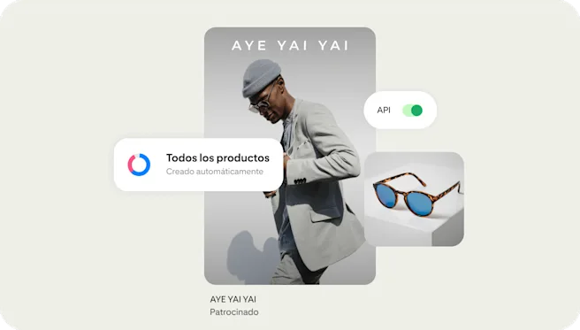 Un listado de producto impulsado por herramientas (como una API) muestra a un hombre con anteojos de sol de una marca llamada AYE YAI YAI.