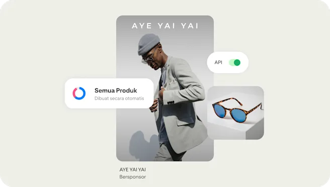 Listingan produk yang didukung oleh alat seperti API menunjukkan seorang pria memakai kacamata hitam bermerek Aye Yai Yai.