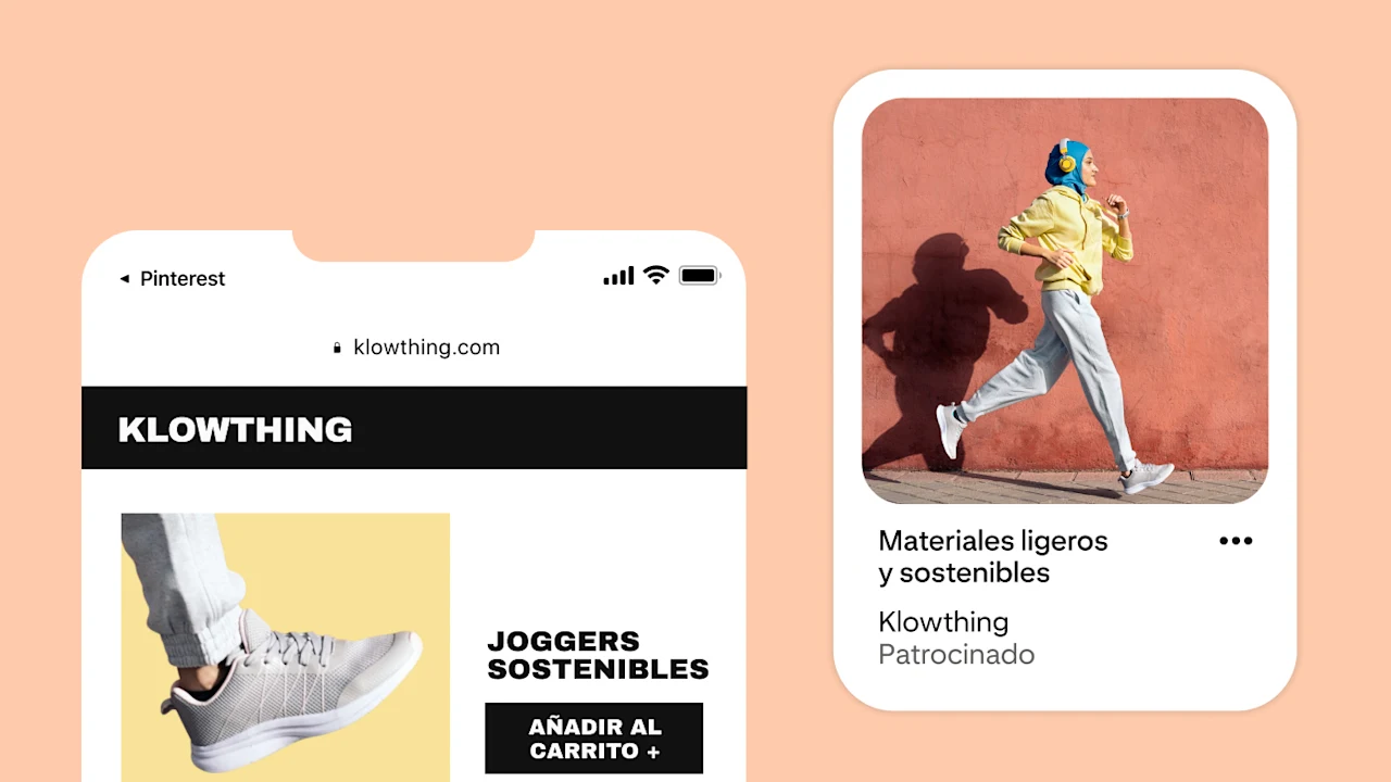 Dos pantallas de dispositivos móviles en las que se muestra la conexión entre quienes ven pantalones deportivos sostenibles en el sitio web de una marca y esa marca segmentando a los corredores en Pinterest.