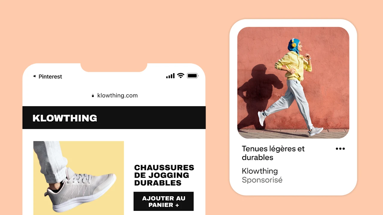 Deux écrans mobiles montrant le lien unissant une personne qui consulte des pantalons de jogging durables sur le site Web d’une marque et cette même marque ciblant le joggeur sur Pinterest.