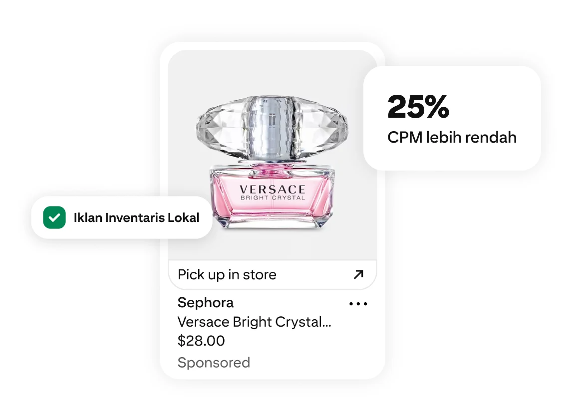 Botol parfum Versace Bright Crystal dengan label CPM 25% Lebih Rendah dan Iklan Inventaris Lokal serta tautan pengambilan di toko