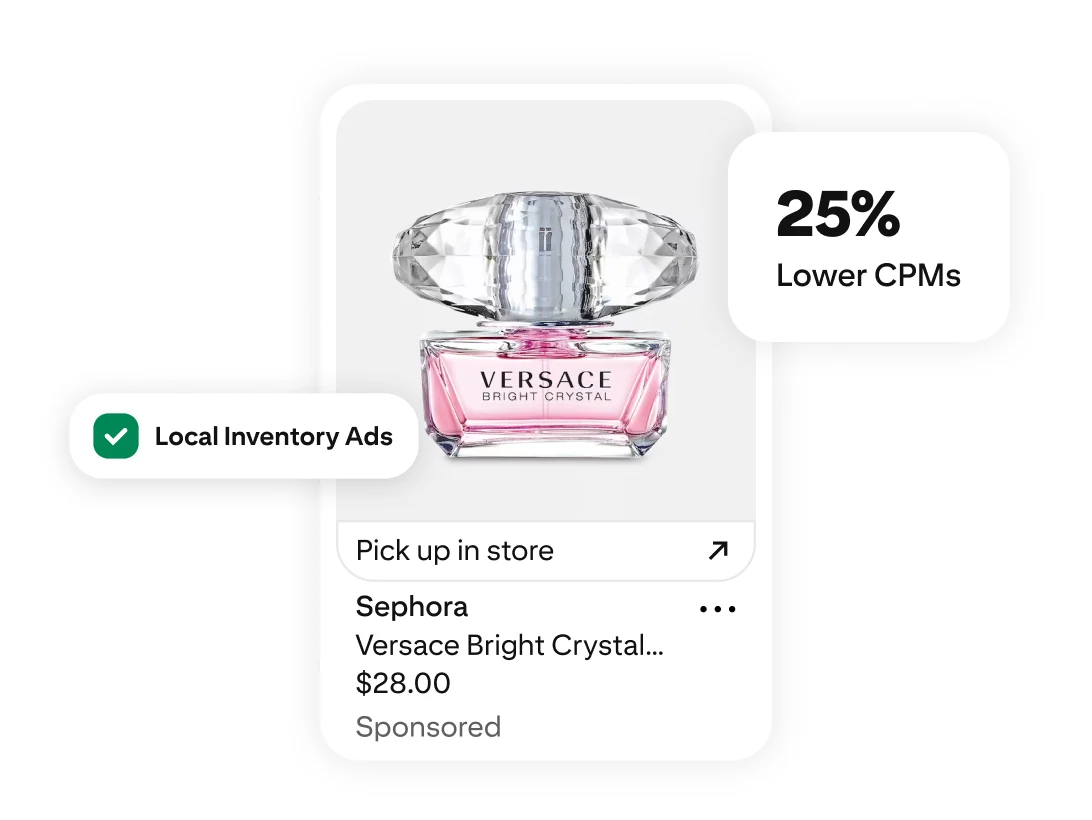 A Versace Bright Crystal perfume bottle with 25% Lower CPMs and Local Inventory Ads labels and a pick up in store link