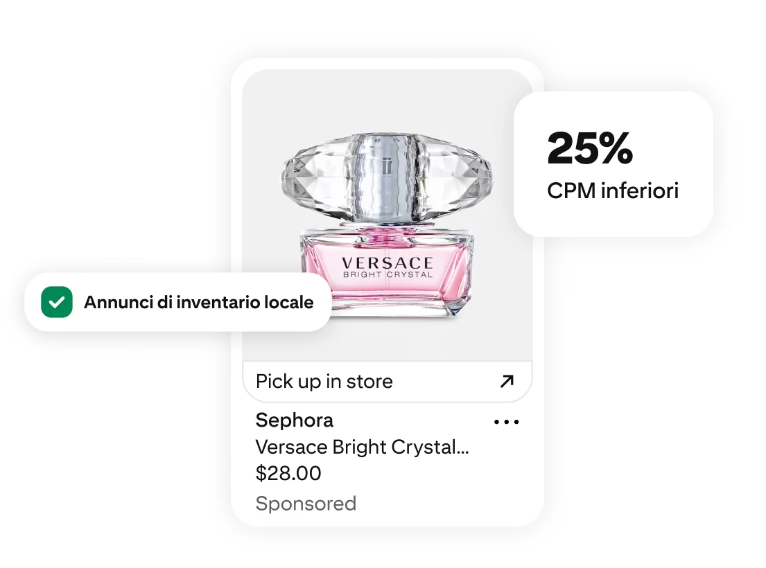 Un flacone di profumo Versace Bright Crystal con CPM inferiori del 25% ed etichette che indicano annunci di inventario locale e un link per il ritiro in negozio