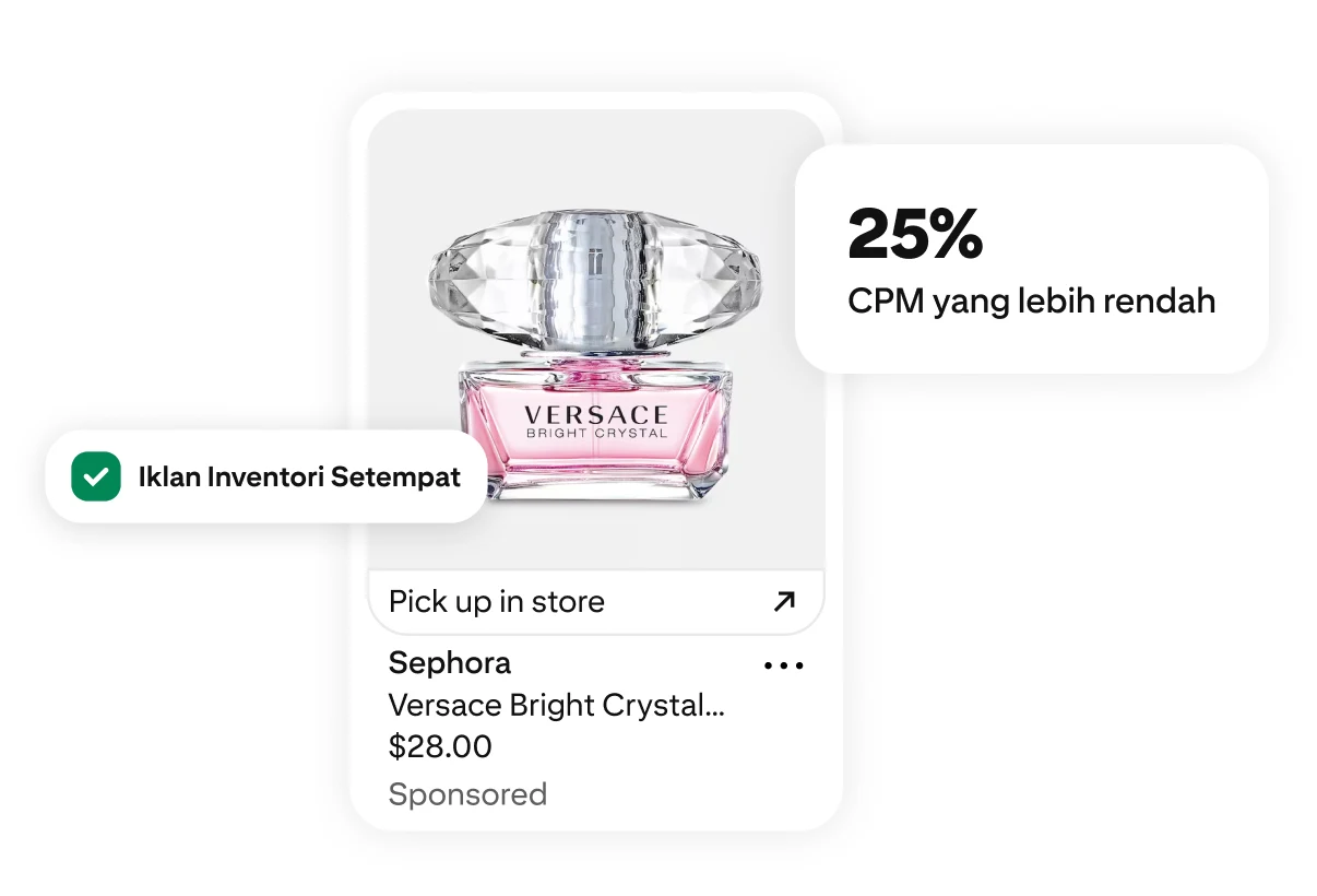 Botol minyak wangi Versace Bright Crystal dengan CPM 25% Lebih Rendah dan label Iklan Inventori Setempat serta pautan pengambilan di kedai