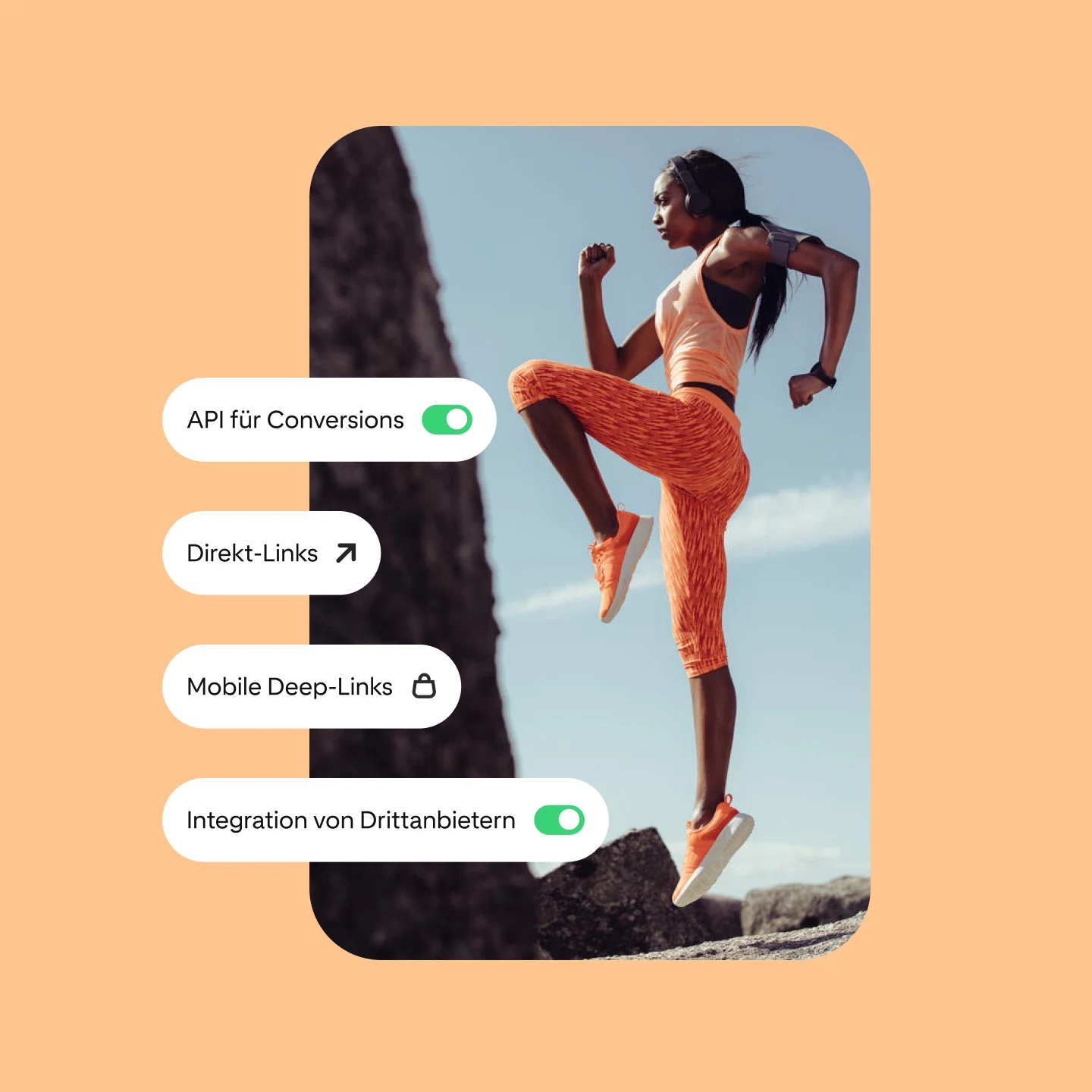 Das Bild zeigt mehrere Pinterest-Performance-Lösungen und eine Frau, die im Freien ein Workout in orangefarbener Trainingskleidung durchführt.